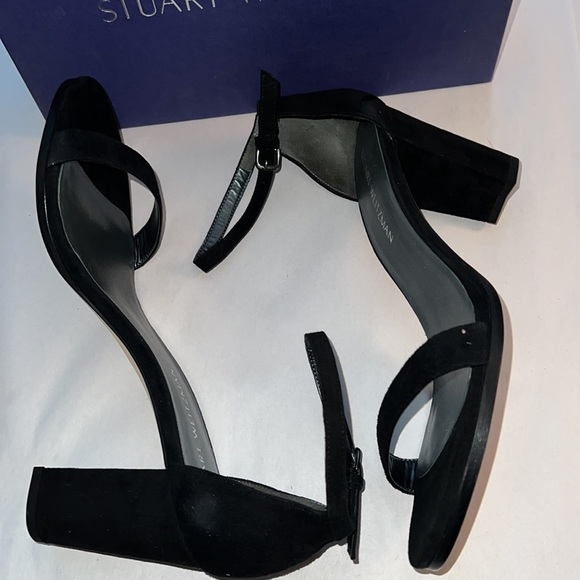 Stuart Weitzman NearlyNude Black suede ankle strap block heel sandals Sz 10.5 - Picture 11 of 16